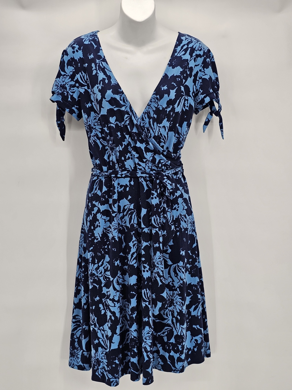 Blue Floral Wrap Dress with Tie-Sleeves